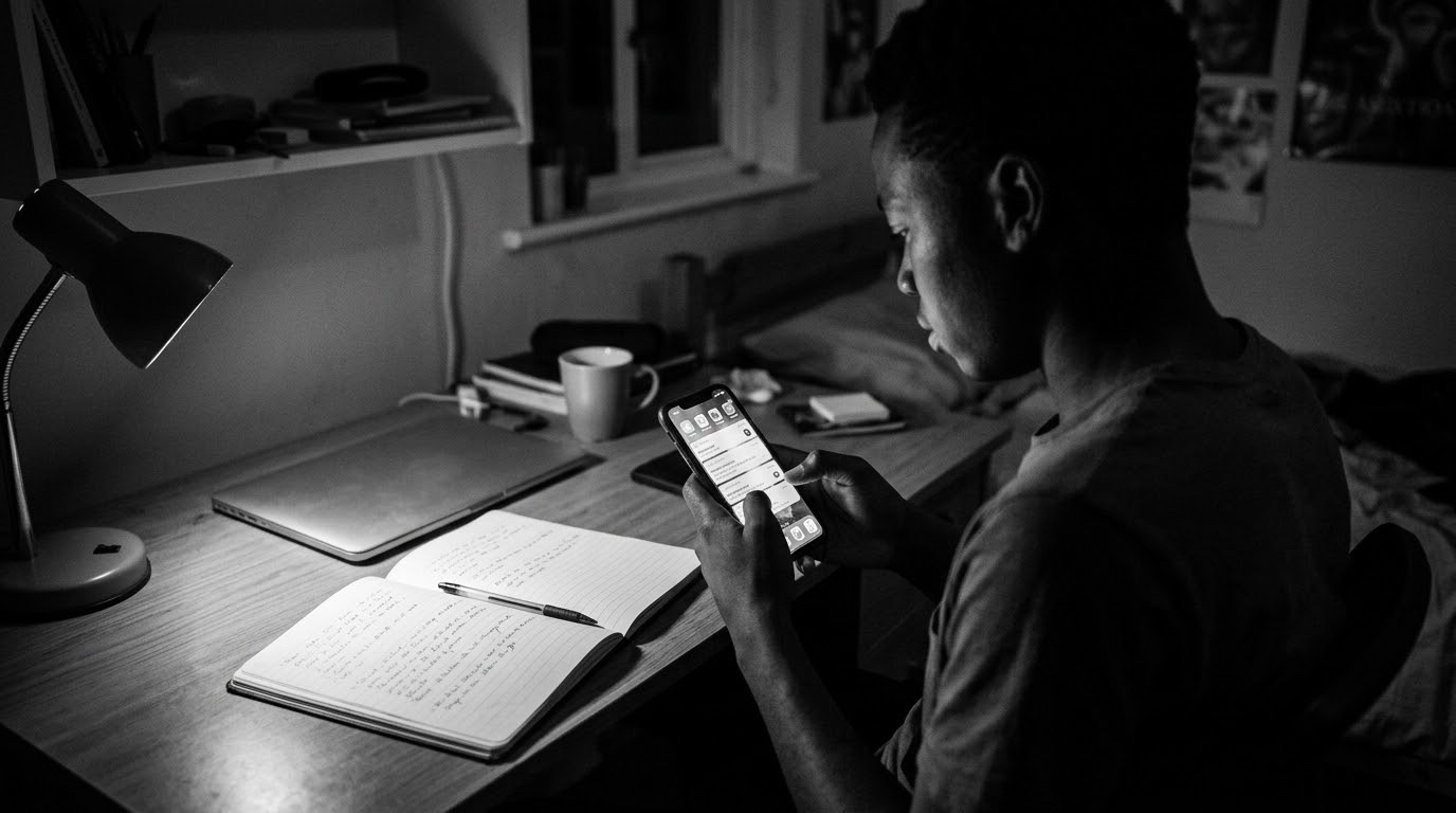 Young man scrolling his phone at night while his open notebook lies ignored
