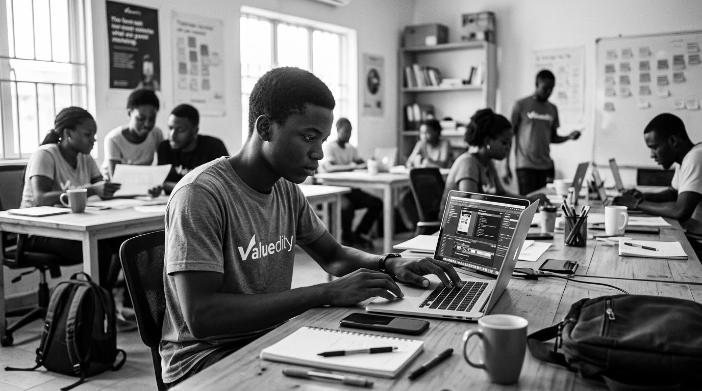 Valuedity member taking action, working on his laptop with a notebook