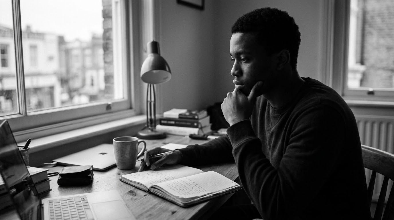 Young man at a desk by the window, deep in thought about his purpose