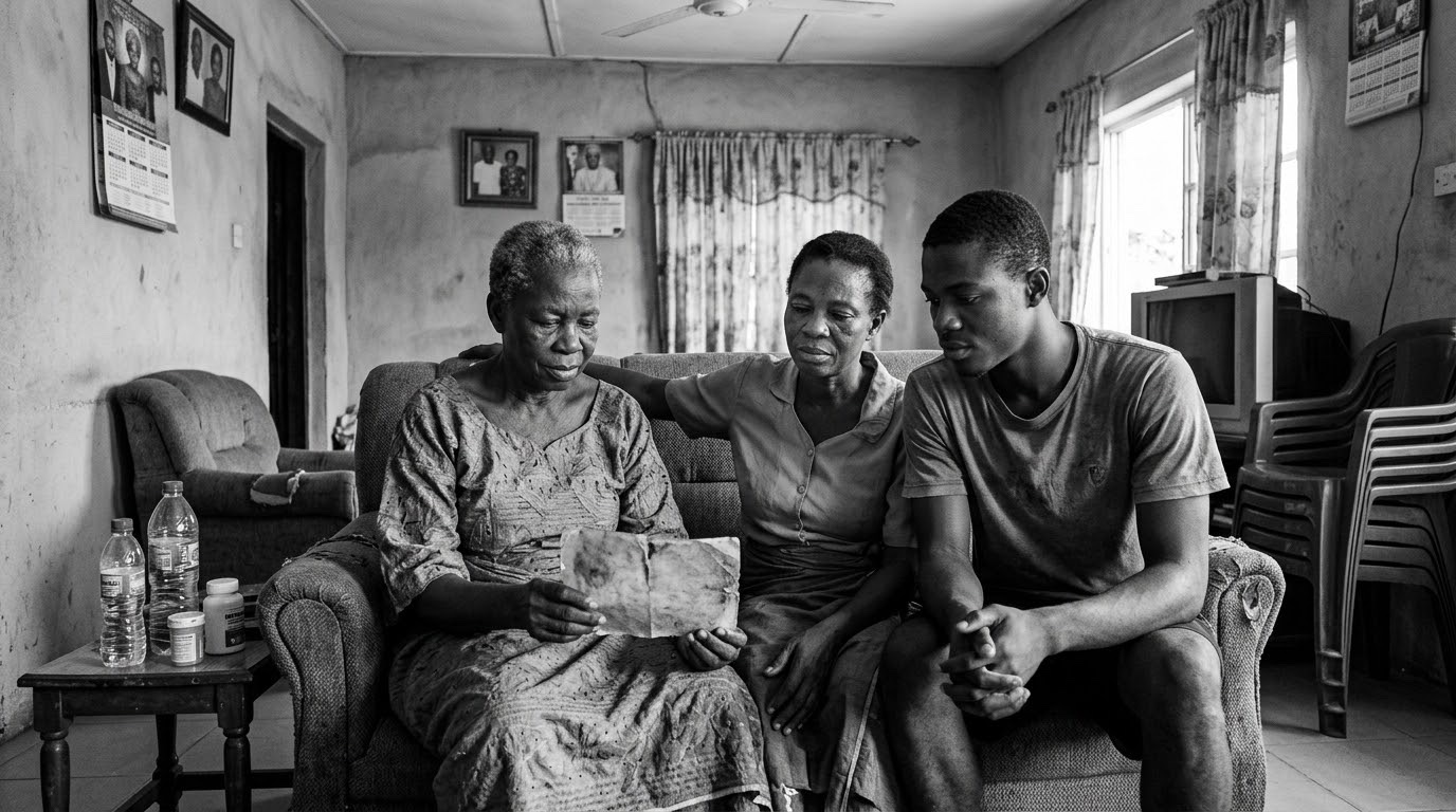 Three generations of a family sitting together at home: grandmother, mother and son