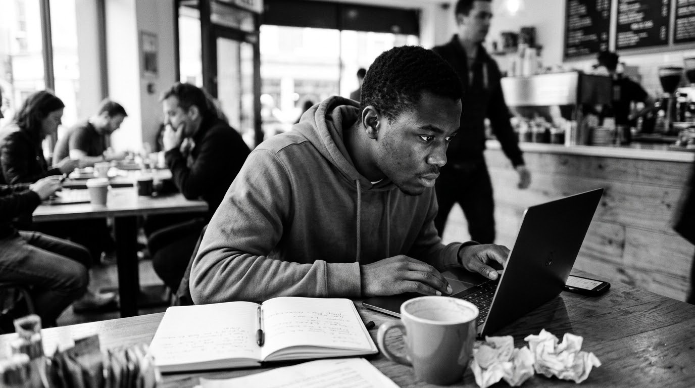 Young man fully focused on his laptop in a busy café