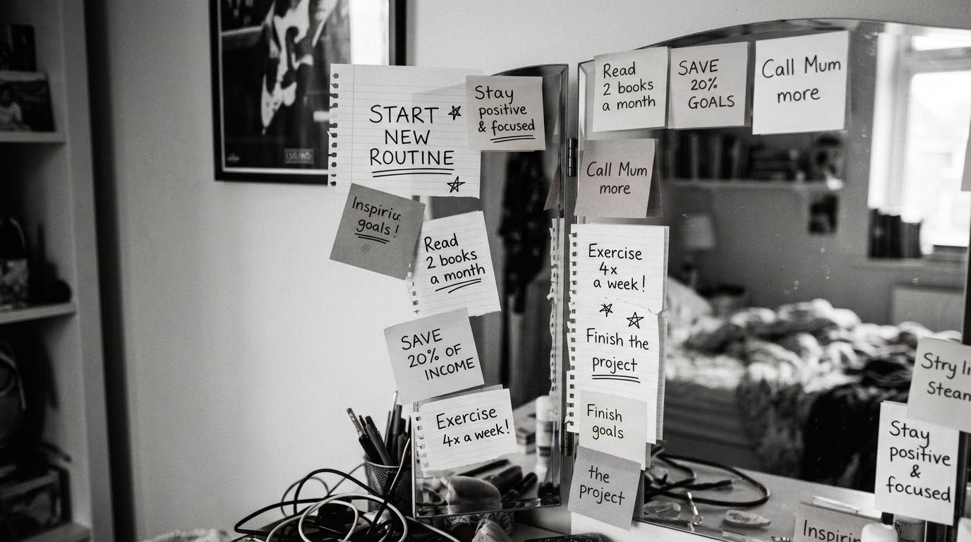 Written goals on sticky notes pasted on a bedroom wall and mirror